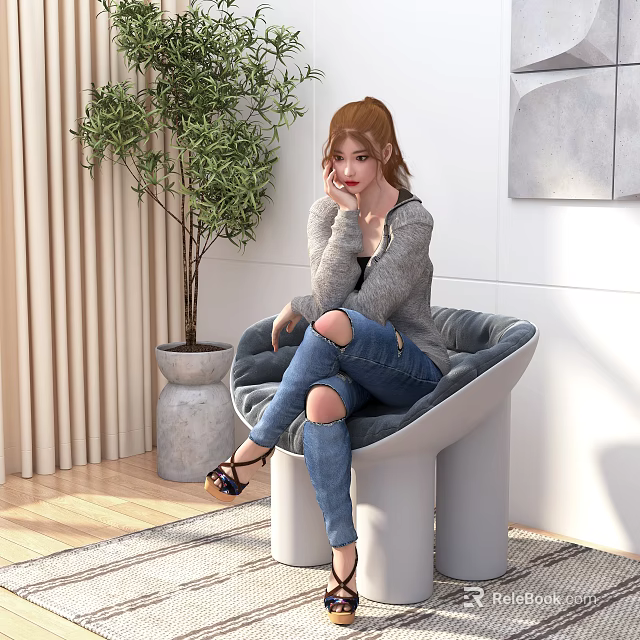 A Woman In Gray Sweater Ripped Jeans Sandals Sitting On Cozy Chair With Green Plant 3d model 
