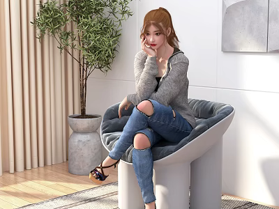 A Woman In Gray Sweater Ripped Jeans Sandals Sitting On Cozy Chair With Green Plant 3d model