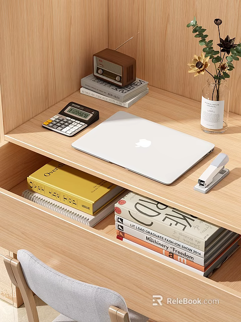 White Apple Laptop On Wooden Desk With Calculator Stacked Books Stapler And Vase With Flowers 3d model 