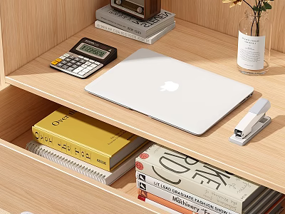 White Apple Laptop On Wooden Desk With Calculator Stacked Books Stapler And Vase With Flowers 3d model
