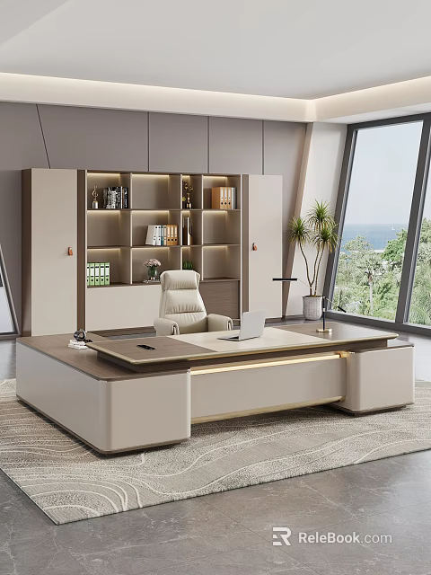 Modern Luxury Executive Office Desk With Ergonomic Leather Chair And Large Background Storage Cabinet 3d model 