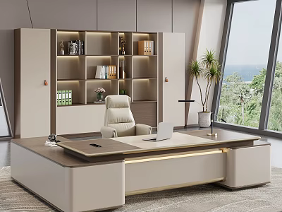 Modern Luxury Executive Office Desk With Ergonomic Leather Chair And Large Background Storage Cabinet 3d model