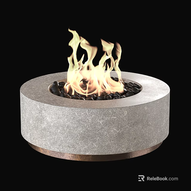 Modern Minimalist Round Stone Fireplace With Burning Flames And Black Pebbles 3d model 