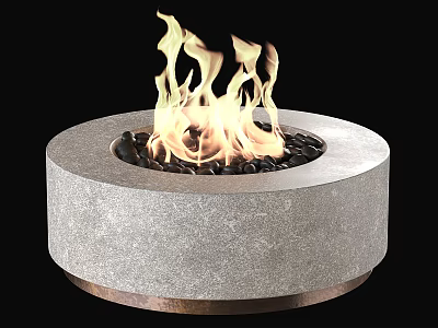 Modern Minimalist Round Stone Fireplace With Burning Flames And Black Pebbles 3d model