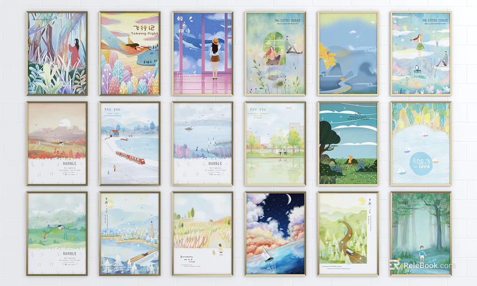Colorful Hand Drawn Illustration Prints Framed Wall Art Collection With Various Scenes 3d model 