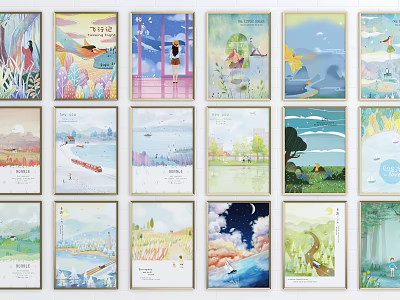 Colorful Hand Drawn Illustration Prints Framed Wall Art Collection With Various Scenes 3d model