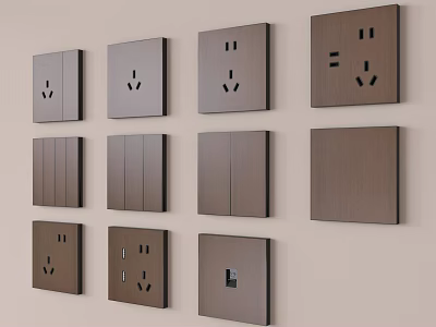 Modern Wooden Switch Panels with Sockets and Various Designs on Wall 3d model