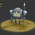 Cartoon Game Movie Character Little Knight Silver Helmet Mechanical Limbs Holding Spear On Yellow Platform