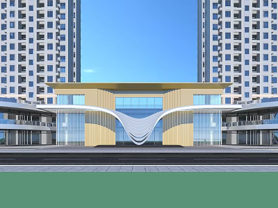 Modern Entrance Gate With Curved Glass Design And High Rise Building Surroundings 3d model