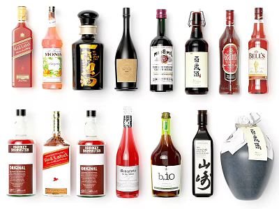 Assorted Liquor and Wine Bottles with Glasses Diverse Labels and Designs Collection 3d model