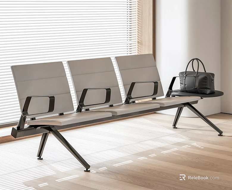 Modern Public Bench Featuring Light Gray Seats Black Metal Frame Armrests And Side Table 3d model 