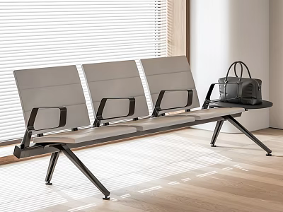 Modern Public Bench Featuring Light Gray Seats Black Metal Frame Armrests And Side Table 3d model