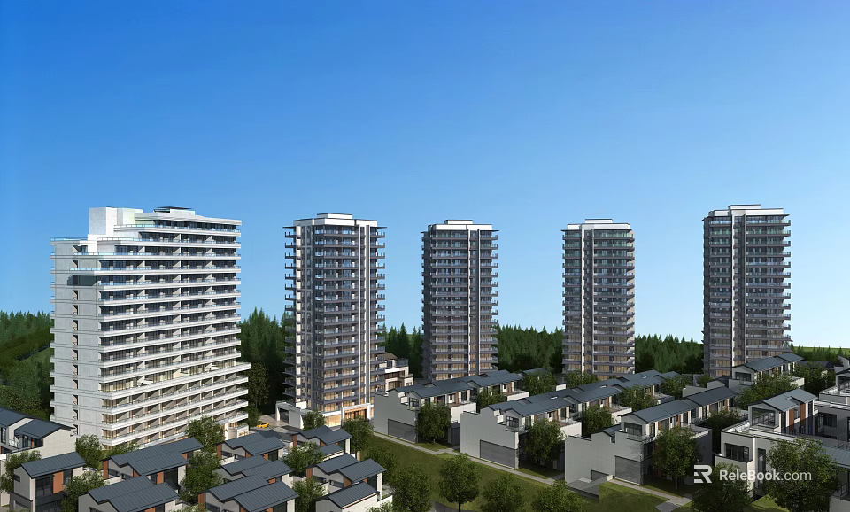 Modern Residential Buildings With High Rise Low Rise Structures Green Trees And Blue Sky 3d model 