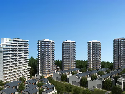 Modern Residential Buildings With High Rise Low Rise Structures Green Trees And Blue Sky 3d model