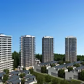 Modern Residential Buildings With High Rise Low Rise Structures Green Trees And Blue Sky