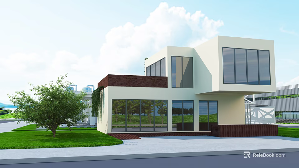 Modern Detached Villa Exterior With Large Glass Windows White Walls And Green Lawn 3d model 