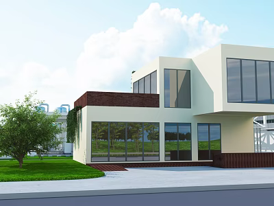 Modern Detached Villa Exterior With Large Glass Windows White Walls And Green Lawn 3d model