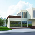 Modern Detached Villa Exterior With Large Glass Windows White Walls And Green Lawn