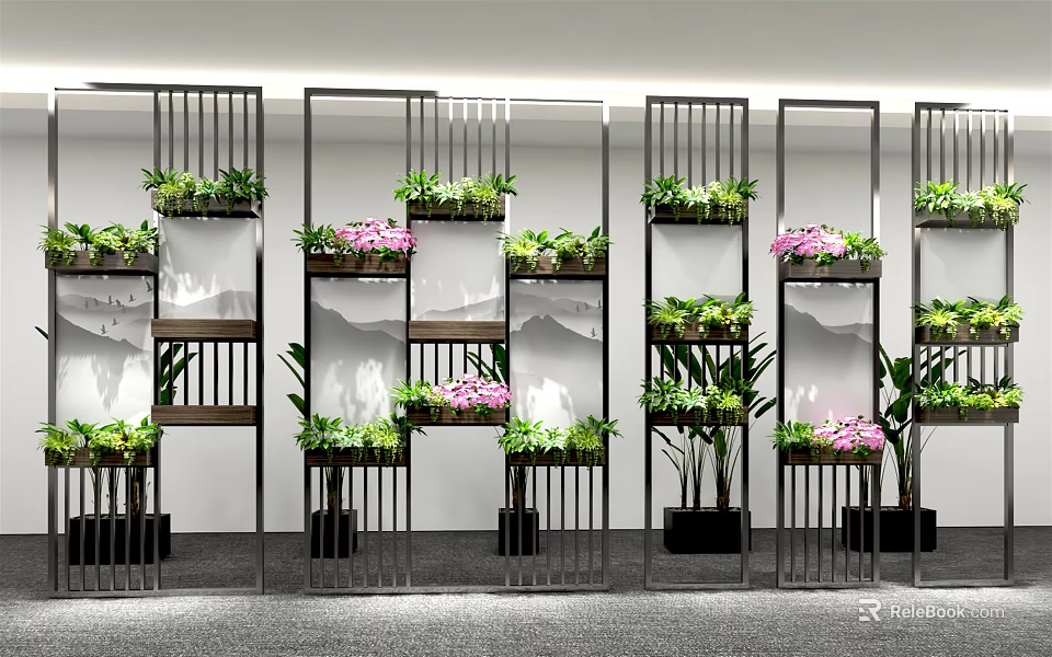Modern Room Divider With Metal Frame Multi Layer Design Green Plants And Pink Flowers 3d model 