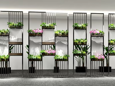 Modern Room Divider With Metal Frame Multi Layer Design Green Plants And Pink Flowers 3d model
