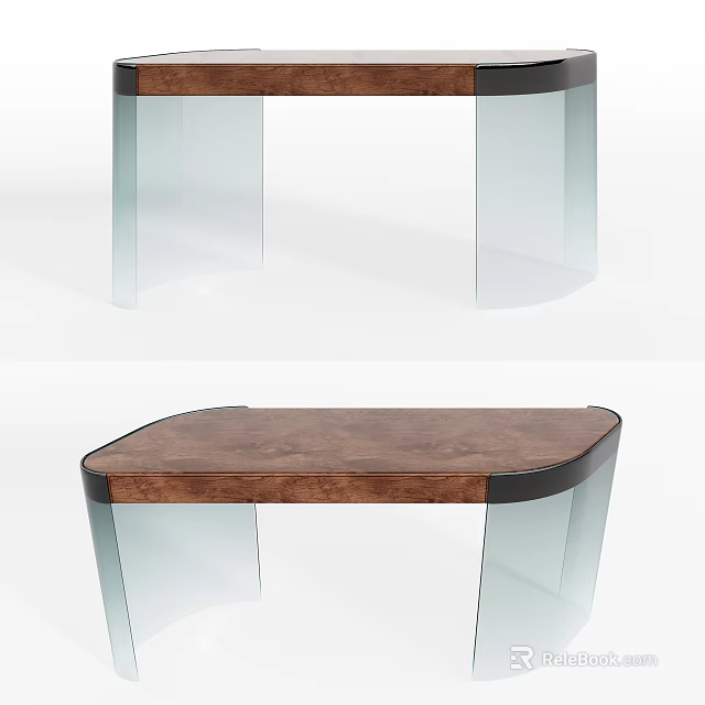 Elegant Modern Wooden Top Desk Featuring Transparent Curved Glass Legs And Sleek Design 3d model 