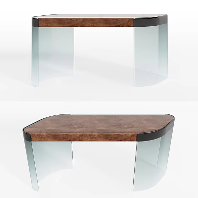 Elegant Modern Wooden Top Desk Featuring Transparent Curved Glass Legs And Sleek Design 3d model