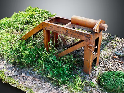 Rusty Metal Frame Equipment With Roller Standing Among Green Grass And Gravel 3d model