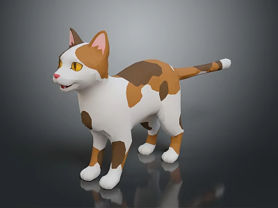Brown And White Cat With Yellow Eyes Standing In 3D Low Poly Style Design 3d model