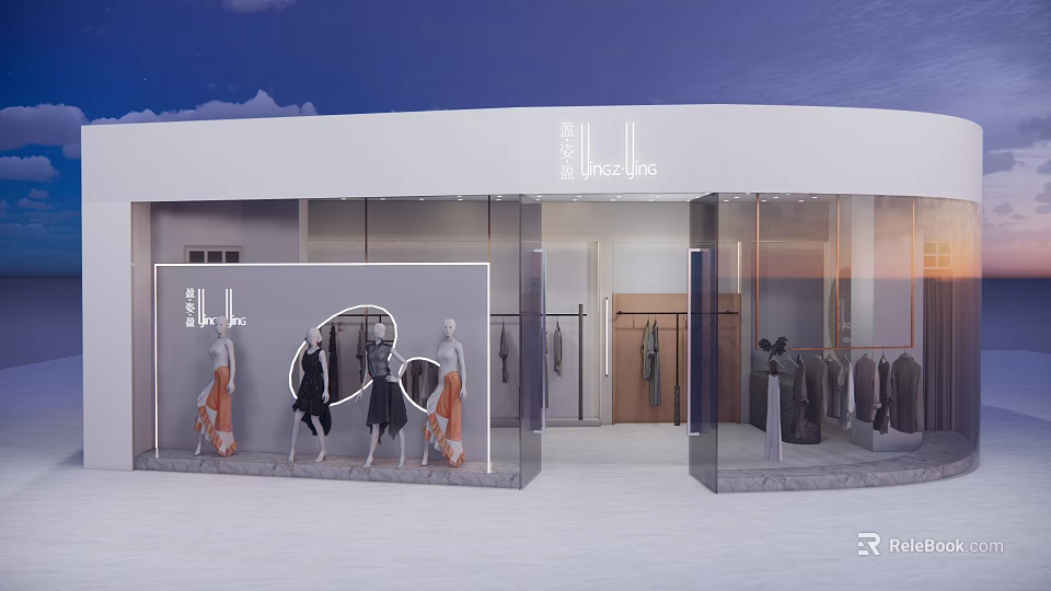 Clothing Storefront with Modern Glass Facade Stylish Mannequins Displaying Fashion Apparel 3d model 