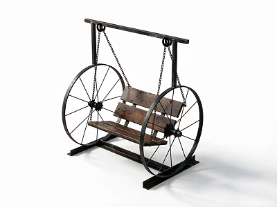 Leisure Chair With Vintage Wheel Design Wooden Seat And Metal Frame Chains 3d model