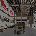 Rural Cultural Exhibition Hall Interior Showcasing Traditional Farming Tools And Red Banners