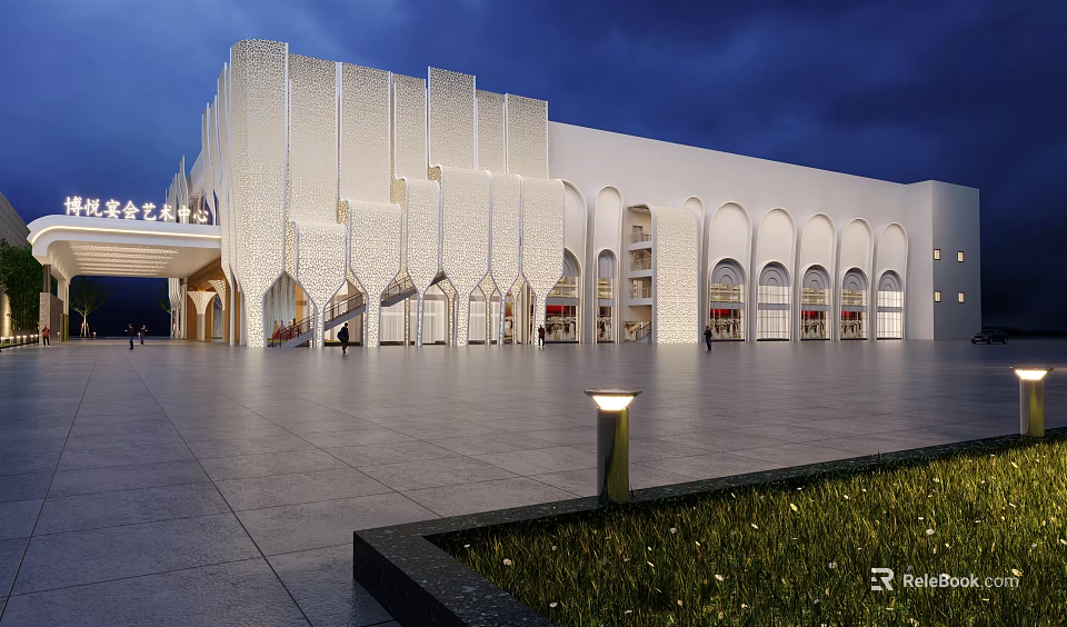 Modern White Hotel Building With Arch Design And Open Plaza Night Lighting 3d model 