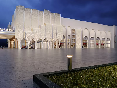 Modern White Hotel Building With Arch Design And Open Plaza Night Lighting 3d model