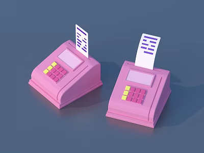 Two Pink Cash Registers With Receipts Display Screens And Yellow Buttons 3d model