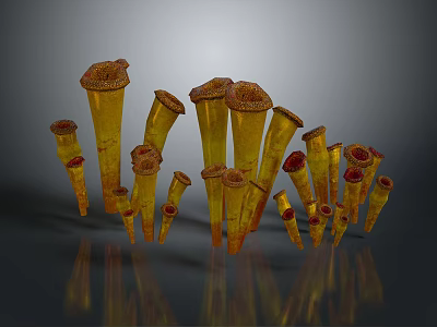 Yellow Conical Equipment With Brown Tops Arranged In Reflective Display Setup 3d model