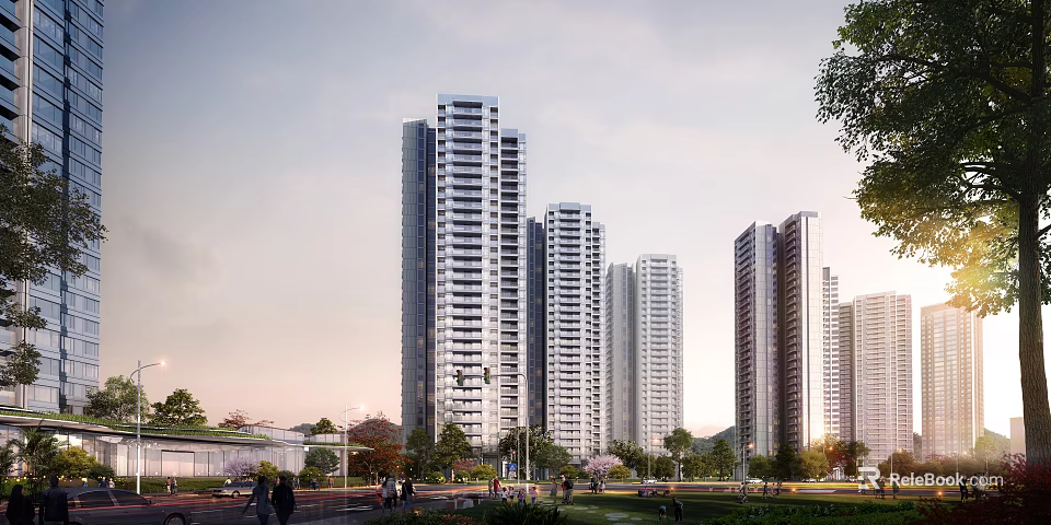 Vibrant Commercial Street With Modern High Rise Buildings Pedestrians And Greenery 3d model 