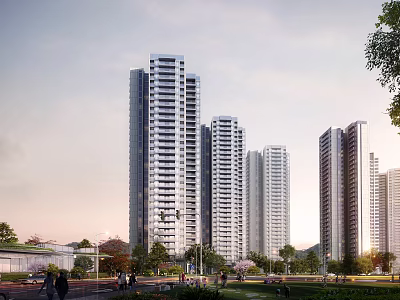 Vibrant Commercial Street With Modern High Rise Buildings Pedestrians And Greenery 3d model