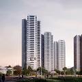 Vibrant Commercial Street With Modern High Rise Buildings Pedestrians And Greenery
