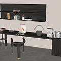 Modern Dark Wood Desk with Wall Shelf Table Lamp Books and Gold Leg Chair