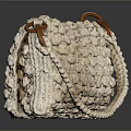 Cream Colored Crocheted Handbag With Textured Surface And Brown Leather Handles