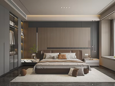 Modern Bedroom Interior Design With Wooden Headboard Wall Gray Wardrobes And Rug 3d model