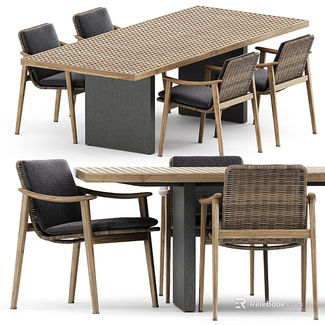 Modern Wooden Dining Table Set With Wicker Chairs And Dark Cushions 3d model 