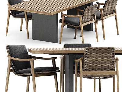 Modern Wooden Dining Table Set With Wicker Chairs And Dark Cushions 3d model