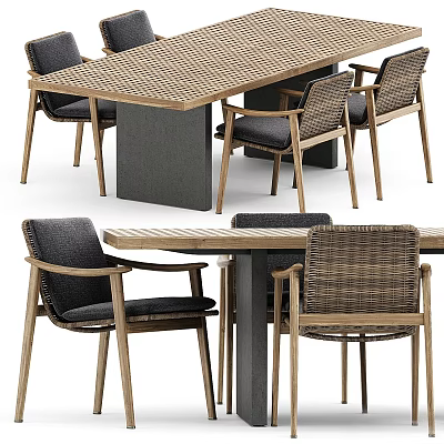 Modern Wooden Dining Table Set With Wicker Chairs And Dark Cushions 3d model
