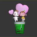 Yellow Cream Dessert in Green Cup with Cartoon Characters and Pink Hearts