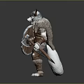Mythical Wolf Head Viking Warrior With Horned Helmet Shield And Axe