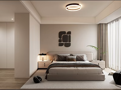 Modern Bedroom Interior Featuring Bed Nightstand Lamp Geometric Wall Art Curtains Rug And Wooden Floor 3d model