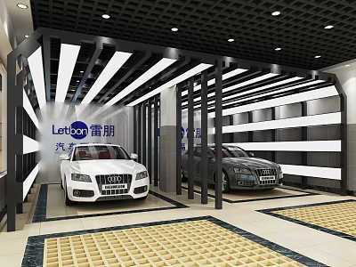 Leiboo 4S Shop Showroom with White and Black Cars Modern Lighting and Grid Patterned Floor 3d model