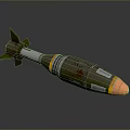 Rusty Green Military Missile With Orange Nose Cone And Metallic Fins