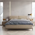 Modern Double Bed With Upholstered Beige Frame Gray Bedding And Bedside Tables In Bright Bedroom